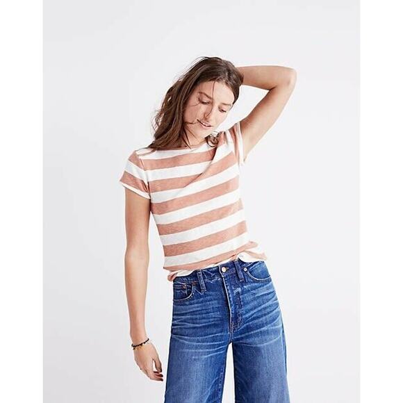 Madewell XXS Musical Tee Wide Rugby Stripe Blue Rib Knit Boatneck Short Sleeve - Picture 10 of 10